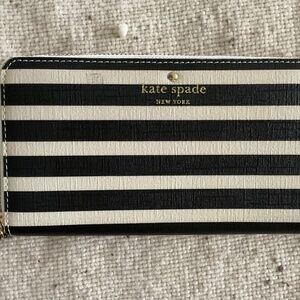 Kate Spade  long zippy wallet  Black/cream stripes  gold tone HW Saffiano inside